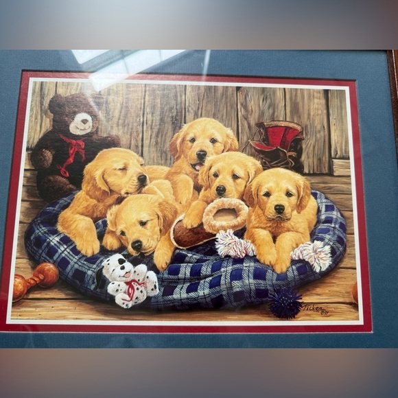 VTG 97 Linda Picken Dog Puppy Frame Drawing Reprint Golden Retriever Teddy Bear - Picture 3 of 5